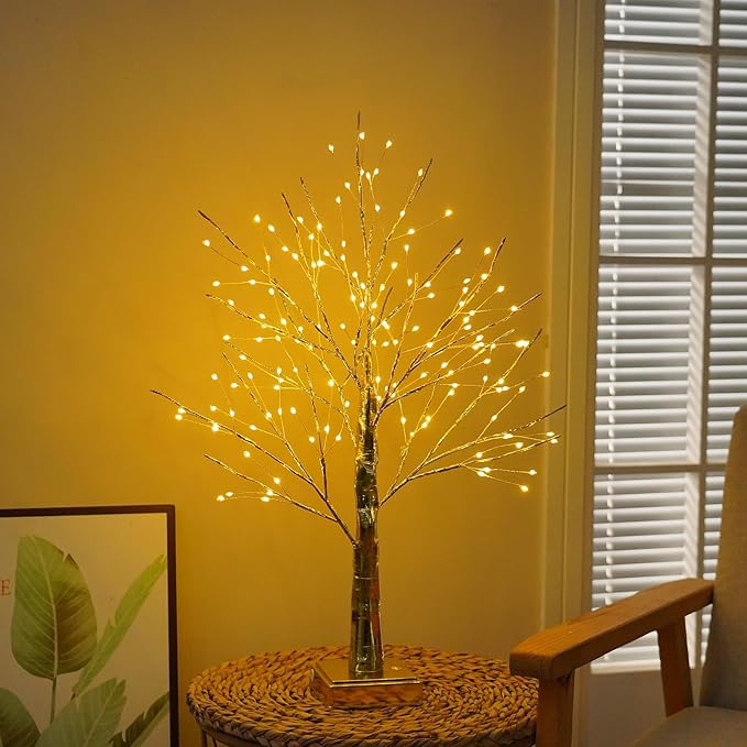 144 LED Artificial Tree Lamp with Timer, DIY Birch Tree with LED Lights, Lighted up Tree Lamp USB/3 AA Battery Powered, Fairy Light Spirit Tree for Table Home Wedding Bedroom Christmas (Gold)