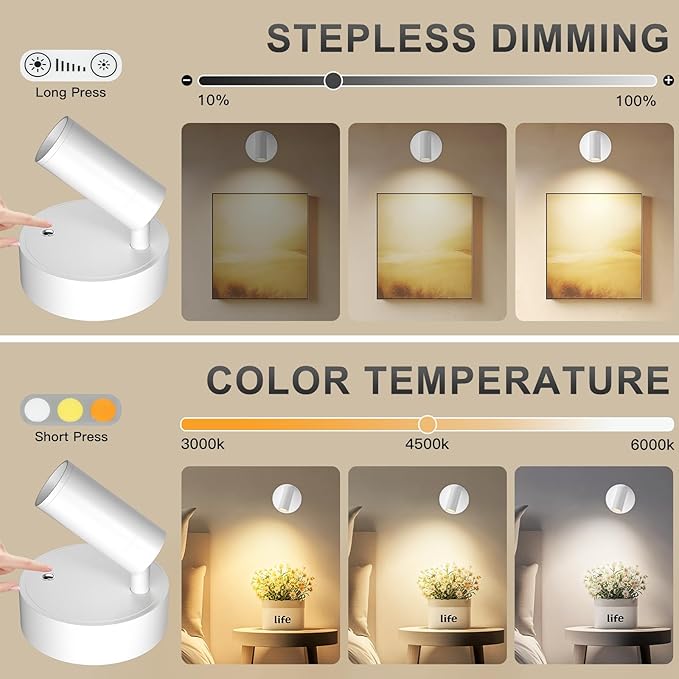 Kimjo Rechargeable Spot Lights for Plants, Wireless LED Spotlight, Uplighting Indoor with Remote and Dimmable, Accent Lighting for Picture, Battery Operated Wall Light with Metal Lampshade (2 Pack)