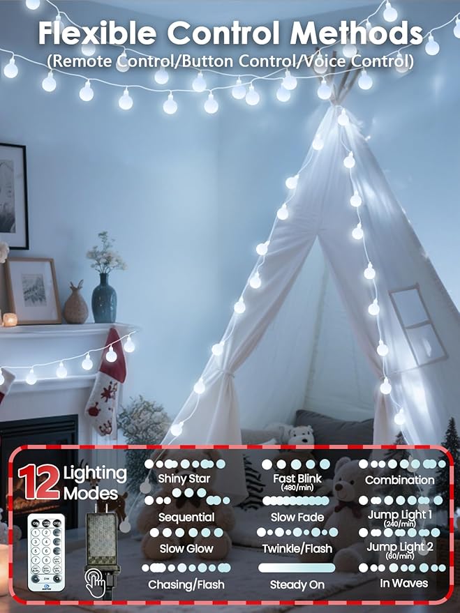 2026 New Connectable 43FT Smart Voice Controlled String Lights Indoor Outdoor | 100LED White Globe Fairy Lights with Remote & Timer | 12 Modes Waterproof Twinkle Light for Classroom Room Decorations