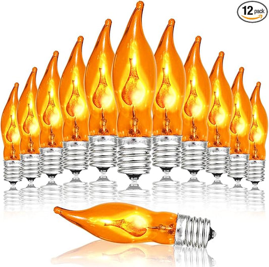12 Pack C7 Flickering Flame Light Bulbs Orange Fall Lights Bulb - E12 Flickering Flame Bulb, Ideal as Fall Christmas Halloween Candle Light Bulbs & Replacement Bulbs for String Lights,1W, 120V