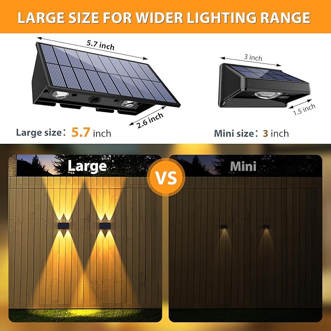 Solar Fence Lights,6Pack Solar Lights Outdoor Warm White + RGB Up & Down Waterproof 100 Lumens Dusk to Dawn Large Solar Wall Lights for Backyard/Pool/Railing/Patio/Porch/Step/Wall