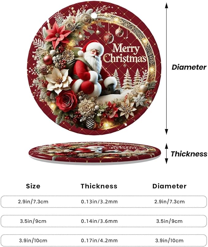 Merry Christmas Santa Claus Wreath Christmas Ornaments, Christmas Decorations Xmas Tree Hanging Ornaments, Round Ceramic Festive Keepsake Gift for Xmas Decorations Holiday Home Decor