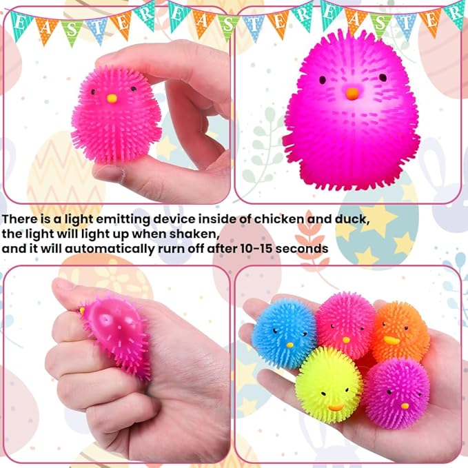 JOICEE 24 Pack Easter Eggs Filled LED Chick Duck Puffer Balls,Light Up Glowing Stress Relief Fidget Squeeze Sensory Soft Ball for Kids Easter Basket Stuffers Easter Eggs Hunt Gifts Party Favors
