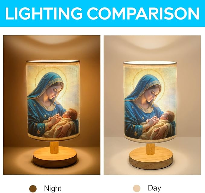The Virgin Mary Holding Baby Jesus Table Lamp LED 3-Color Pressed Bedside, The Virgin Mary Holding Baby Jesus Shade Lamp with Wood Base for Bedroom Living Room Desk Office TL01