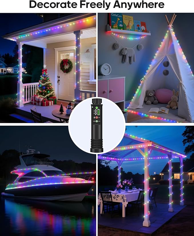 Rope Lights, Rechargeable 79FT 240LED Outdoor Waterproof String Lights with 1200mah Portable Rechargeable Battery, Timing & 8 Modes for Party Christmas Camping DIY Tree trampoline - Multicolor 2 Pack