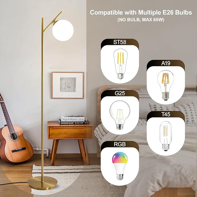 Mid Century Floor Lamp for Living Room Modern Tall Standing Lamp with Frosted Glass Globe Shades Contemporary Brass Freestanding Lamp for Office Bedroom (Gold)