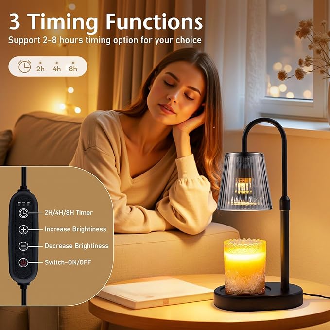 Adjustable Candle Warmer Lamp with Timer - Ashy Colour Lampshade + Black Pole + Black Base