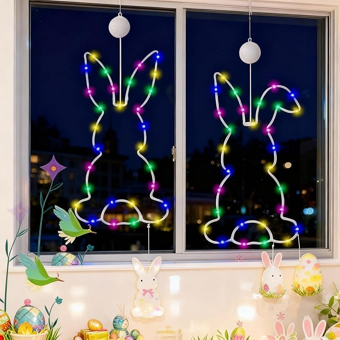 Happy Easter LED Bunny Window Light with Suction Cup, Windows Decorations Hanging LED Lights with Timing Function,Suitable for Indoor and Outdoor Easter Decoration, Family Gathering