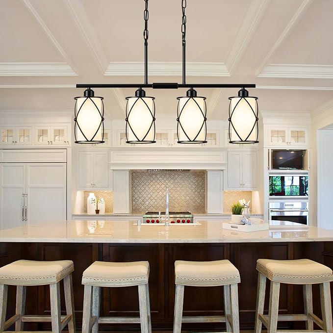 4-Light Kitchen Island Lighting, Modern Black Linear Dining Room Light Fixtures with Milk Glass, Farmhouse Industrial Chandelier Pendant Light for Kitchen Island Dining ROM, CH9176BKW-4IS