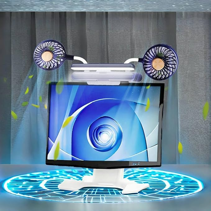 Reading stand lamp 3-Level Dimmable Clip-On desktop lights with Dual Gooseneck Fans, 360° Air Circulation Screen-Mounted Cooling Light for Office/Gaming Setup (Deepsea Blue)