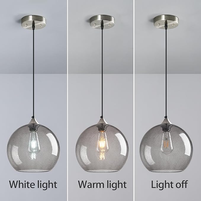 Light Grey Glass Pendant Lights Kitchen Island Globe Pendant Light Fixtures Modern Pendant Lighting for Bedroom Living Dining Room Light Fixture (9.84 in, 2 Pack)