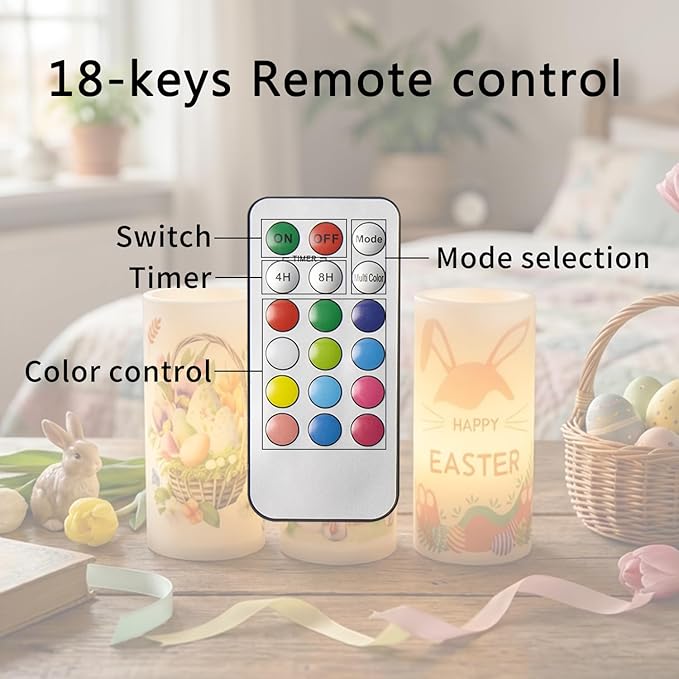 3PCS Easter Flameless Candles with Remote Control,Happy Easter Bunny Flower Rabbit Spring LED Candle Battery Operated for Easter Theme Party Home Decor