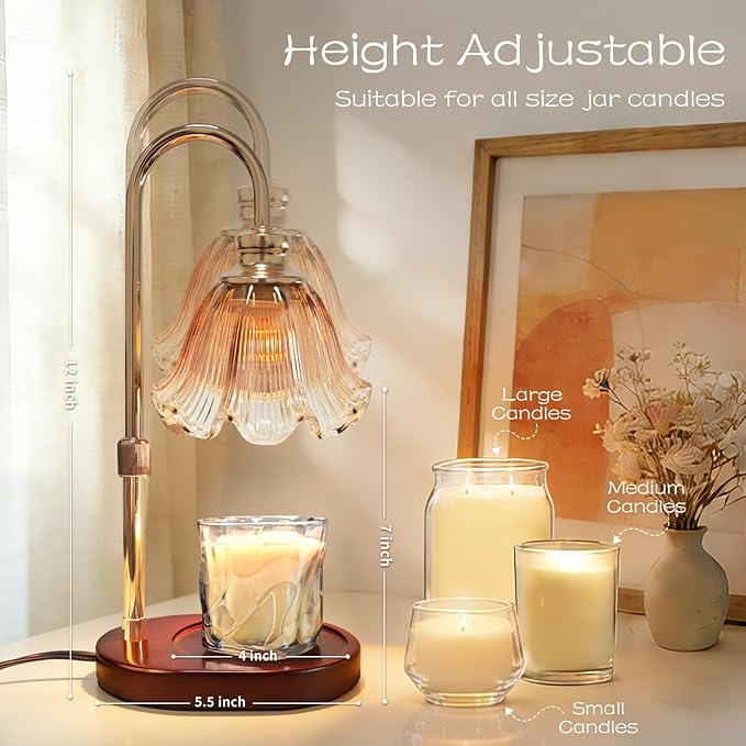 Candle Warmer Lamp with Timer: Birthday Gifts for Women, House Warming Gifts New Home Decor – Height Adjustable Candle Lamp for Mom, Anniversary - Walnut Solid Wood Base, with 2 Bulbs