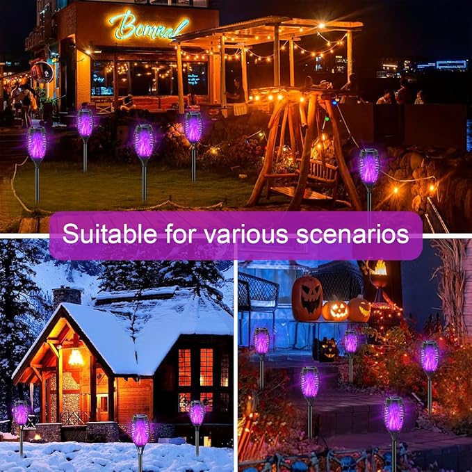 16 Pack Solar-Powered Flashlight Torches for Outdoor use, Dancing and Flickering Flame Torches for Landscape Decoration, Suitable for Paths, lawns, terraces (Purple)