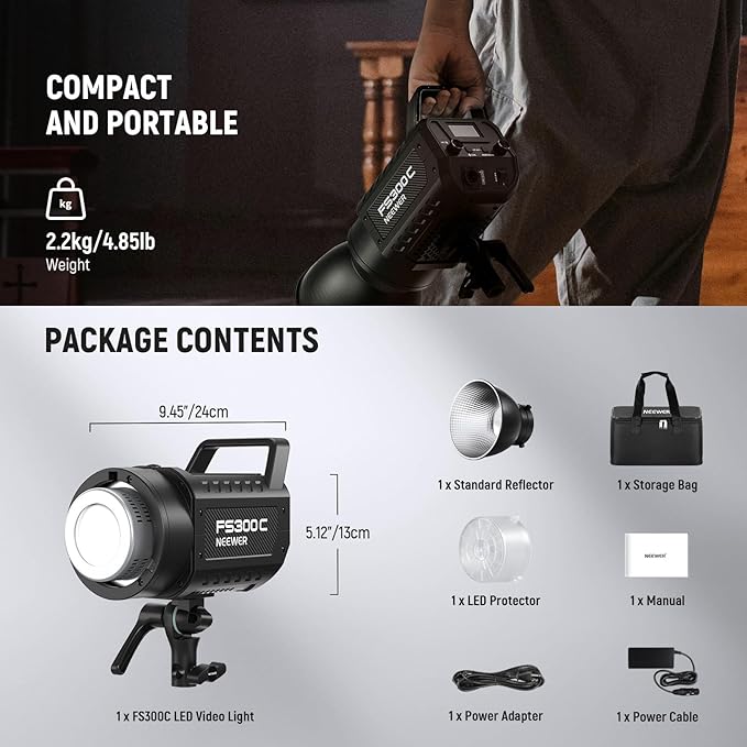 NEEWER 300W RGB LED Video Light APP/2.4G Control, 17 Effects 2500-7500K 29000lx COB Continuous Output Lighting with Cleaning Cloth, CRI95+ Bowens Mount for Studio Photography Video Recording, FS300C