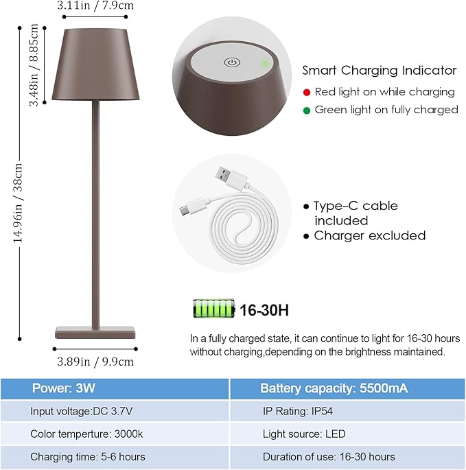 2 Packs LED Cordless Table Lamp, Rechargeable Battery Desk lamp 5000mAh Battery Operated Stepless Dimming Modern Portable Table Light for Restaurant/Table/Bedroom/Outdoor IP54 Waterproof (Rust Red)