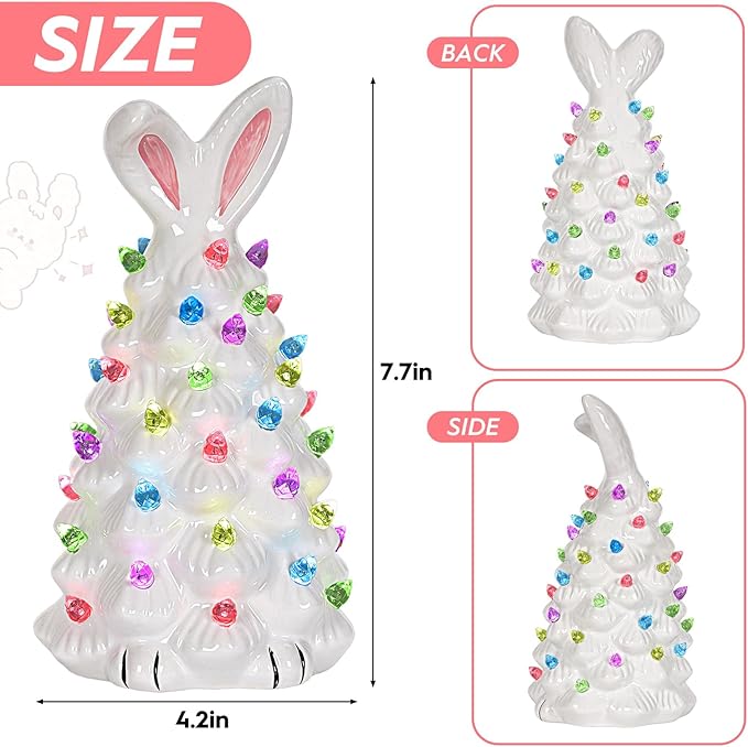 Cute Ceramic Easter Tree Bunny Decor, Light up Easter Bunny Decor Spring Decorations for Indoor Bedroom Office Decor Tabletop for Kid Gifts (White)