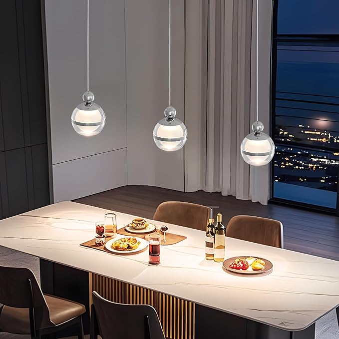 Modern Kitchen Pendant Lights, 1-Light Chrome Silver Globe Acrylic Ceiling Hanging Pendant Light Fixtures, LED Pendant Lights Kitchen Island for Dining Room Living Room Bedroom Bathroom