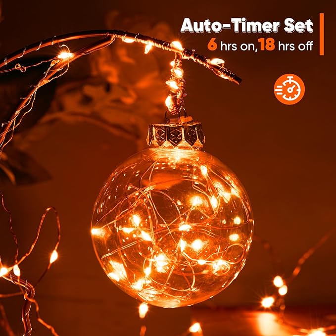 2 Pack 32.8 Ft. Battery Operated Outdoor String Lights with Remote & Timer, LED Orange Fairy Lights, Waterproof Twinkle Lights for Bedroom, Dorm, Mason Jar, Wedding, Party, Christmas
