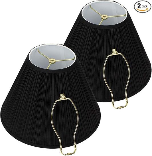 FenchelShades.com Set of 2 Lampshades 6.5" Top Diameter x 15" Bottom Diameter x 11" Slant Height with Washer (Spider) Attachment for Lamps with a Harp (Pleated Mushroom Black)