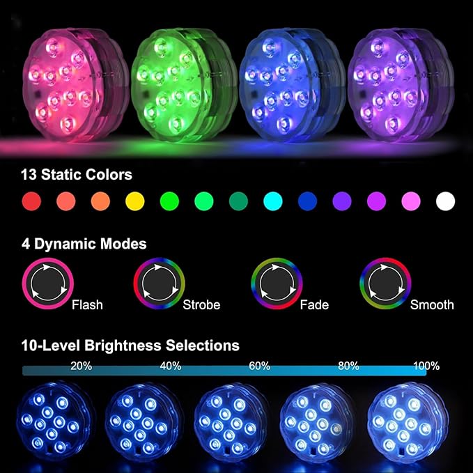 Submersible LED Lights with Remote, Color Changing Battery Operated Underwater LED Pool Light for Inground Pool and Above Ground Pool, Hot Tub Bathtub Decoration (4 Packs)