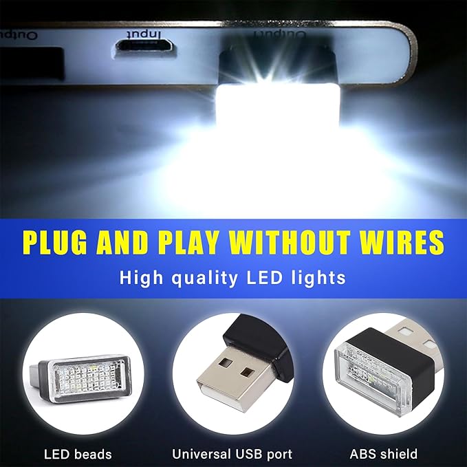 Augeny 4 PCS USB LED Car Interior Atmosphere Lamp, Plug-in USB Decor Night Light, Portable Auto Ambient Lighting Kit, Universal Vehicle Interior Accessories for Most Cars (White & Blue)