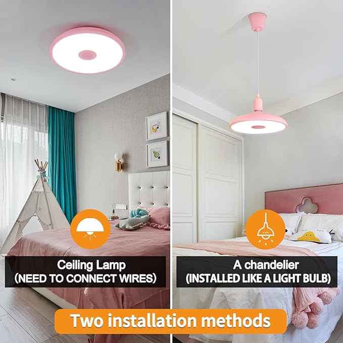 Pink Waterproof LED Ceiling Light Fixture,Music Ceiling Lamp,with Bluetooth Speaker,11Inch 18W, 2700K-6500K Dimmable RGB Color Changing Light with Remote Control,Suitable for Girls' Room