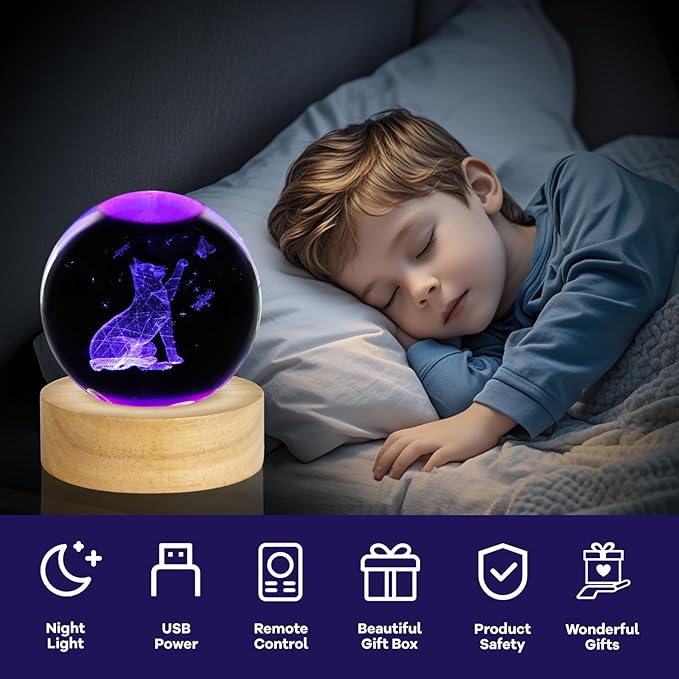 3D Cat Crystal Ball Night Light 2.4in Table Lamp Decor with 16 Colors Change Remote Control and Wooden Base Gifts for Cat Lovers Women Girl Friends Birthday Christmas