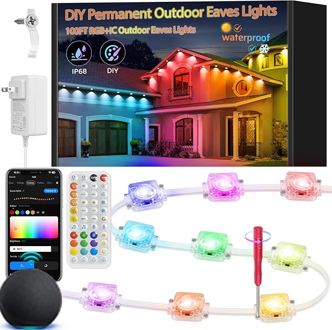 100FT IP68 WiFi DIY Design Permanent Outdoor Light,Arbitrary Trimming Smart RGB+IC Waterproof LED Eaves Lights for Christmas Decorations,Halloween,Compatible with Alexa,Google Assistant