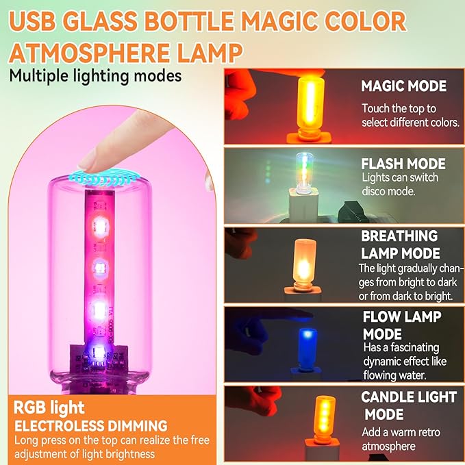 2Pcs Mini Retro Car Light, 10 Modes, Frosted & Transparent Shell, USB LED Car Interior Atmosphere Lamps, Touch-Control Portable Plug-in Glass Bottle Ambient Night Light for Camping Bedroom Party