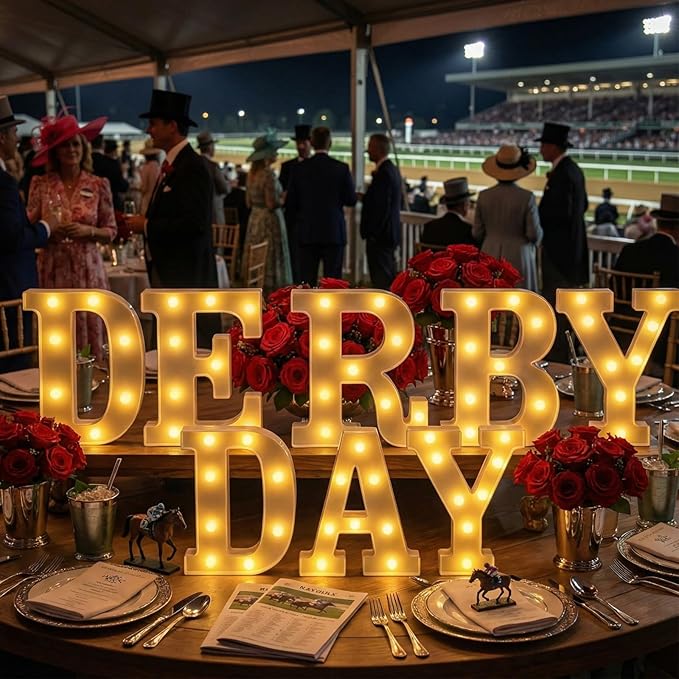 7 Pcs Derby Day Decorations Derby Day Large LED Letter Sign Battery Powered Light Hanging Decor for Party Decorations Indoor Outdoor