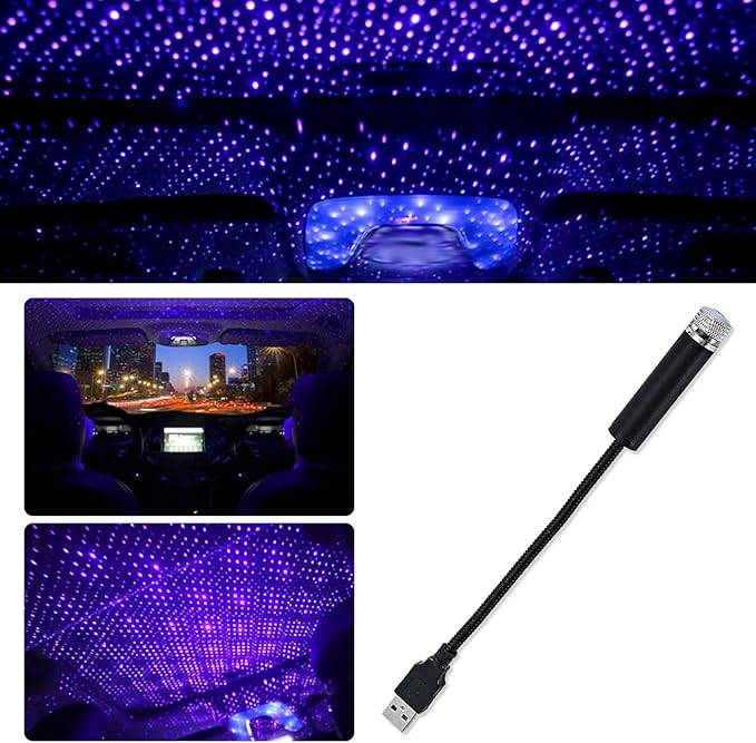 Car USB Star Night Light, Rotating Romantic Starry Sky Ceiling Light, Multi-Mode Sound Reactive Ambient Lamp, Portable Car Ceiling Lights (Purple)