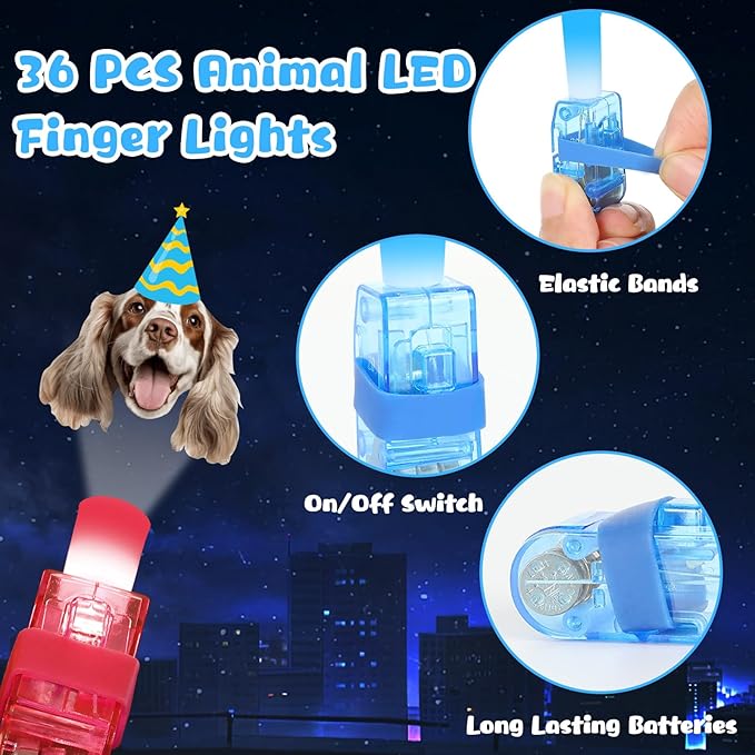 36Pcs Dog Themed LED Finger Lights Puppy Party Favors Glow in the Dark Light Up Finger Lights Toys Bulk for Birthday Party Favors Treasure Box Goodie Bag Stuffer Birthday Gifts Classroom Prize