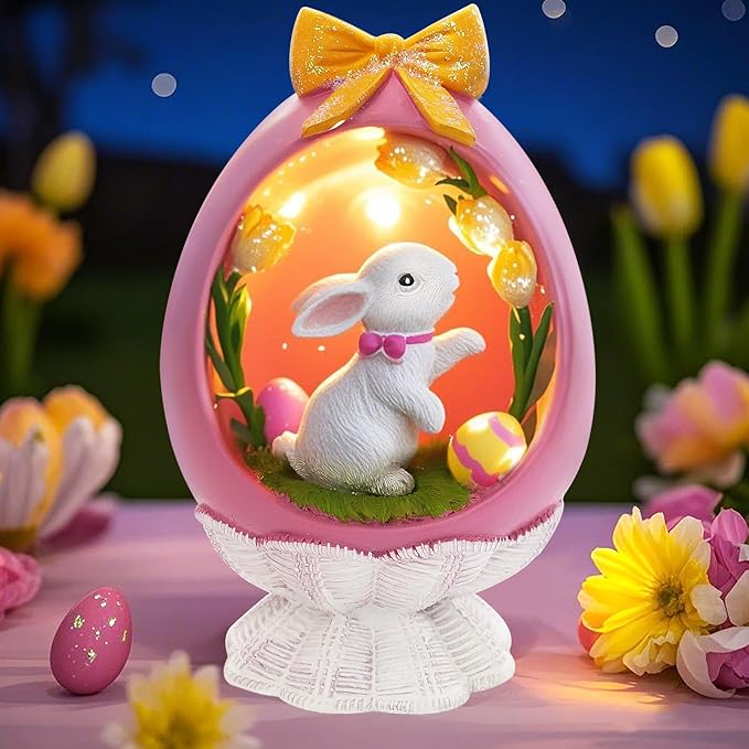 Pink Easter Bunny Figurine with LED, Resin Rabbit Figurines Easter Bunny Statue Spring Rabbit Desktop Decoration for Spring Home Room Party Decoration