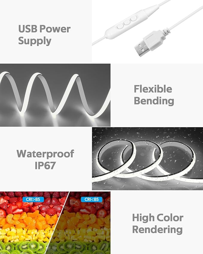 5V USB COB LED Light Strip with Dimmer 3.3FT Daylight White LED Rope Lights Indoor Tunable 6000K Super Density 320LEDs/M IP67 Waterproof LED Tape Light for Bedroom TV Backlight Mirror Decor