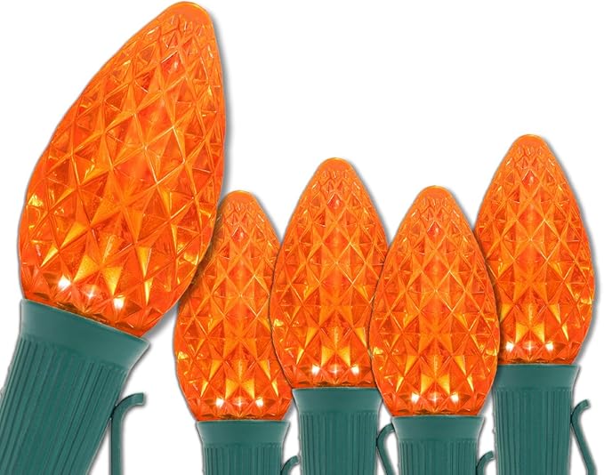 Wintergreen Lighting C7 OptiCore Commercial Orange Christmas Lights – LED Bulbs for Halloween, Party; Heavy Duty 18 Gauge Green Wire (100 Lights, 100 ft, Amber/Orange)