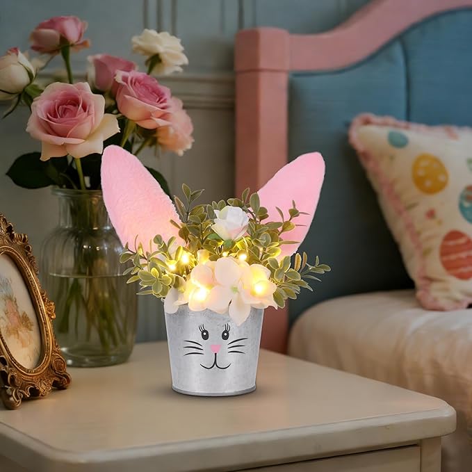 Prsildan Easter Table Decorations Artificial Flower with Bunny Ear, Lighted Desk Decor Bunny Flowers, Easter Tabletop Decorations for Home Table Mantle Office Spring Party