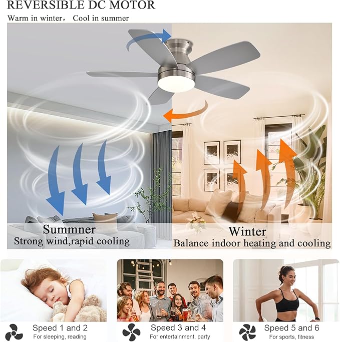 Ceiling Fans with Lights, 42 Inch Low Profile Ceiling Fan with Light and Remote/App Control, Flush Mount, Reversible, 3CCT, Dimmable, Noiseless, Nickel Ceiling Fan for Indoor/Outdoor Use