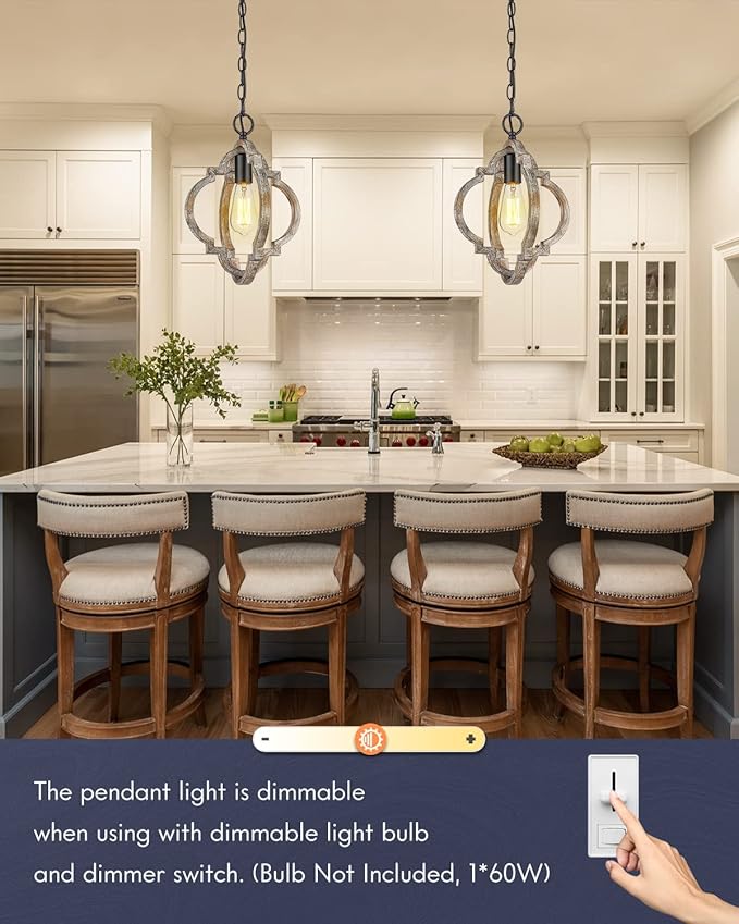 CALDION Farmhouse Pendant Lights, 2Pack Wood Dining Room Lighting Fixtures, Adjustable Height Hanging Pendant Lights for Foyer, Kitchen Island, Entryway