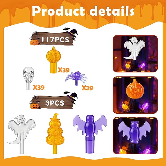 Halloween Ceramic Tree Replacement Light Bulbs Set, Halloween Themed, 117Pcs Skull/Pumpkin Head/Spider Ceramic Tree Replacement Bulbs and 1 Bat/Triple Pumpkin/Ghost Top Trim