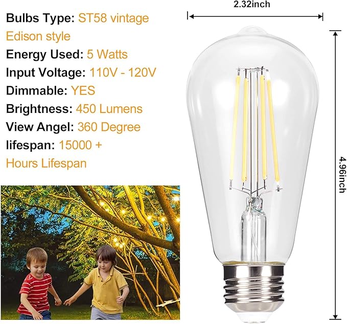 truestory Dimmable Vintage LED Edison Bulbs, 5W, Equivalent 50W, 450lm, Warm White 2700K, ST19(ST58) LED Filament Bulbs, E26 Medium Base, Clear Glass, Pack of 6 (Warm Light)
