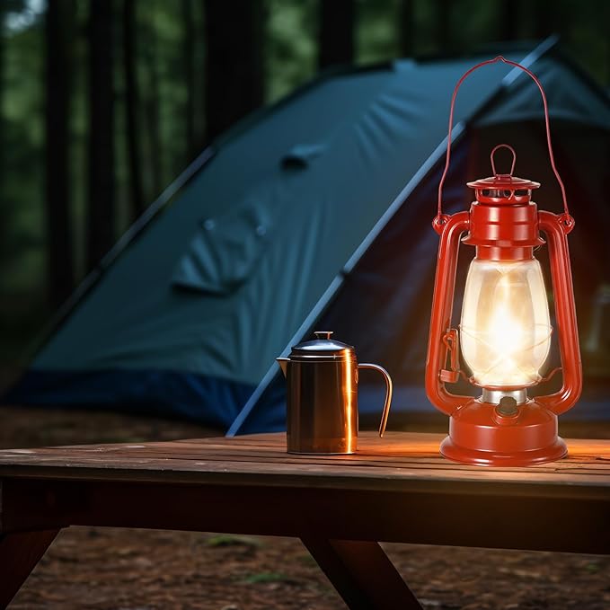 Hortsun 2 Pcs 12 Inch Vintage LED Hurricane Lantern Metal Red Outdoor Battery Operated Hanging Lantern with Warm LEDs and Dimmer Switch for Halloween Christmas Indoor Rustic Farmhouse Camping Decor