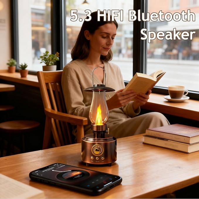 AVEKI Vintage Kerosene Table Lamp with Bluetooth Speaker, Infinitely Dimmable Rechargeable LED Lights for Bedroom, Waterproof Bedside Lamps for Camping Party Home Decor Gift (Vintage Copper)