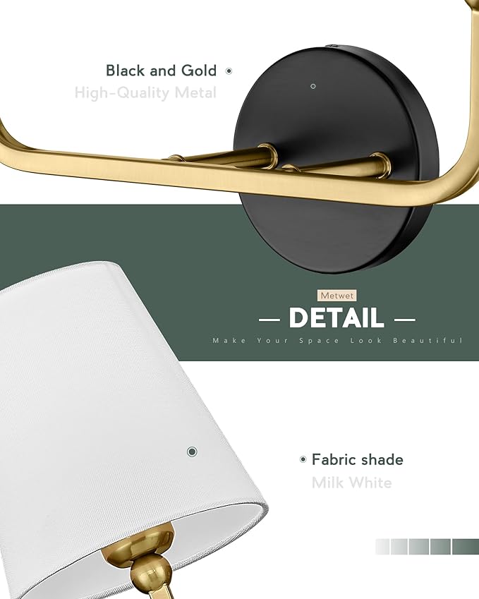 2-Light Bathroom Light Fixtures, Black and Gold Vanity Lights, Double Wall Sconce with Flared White Fabric Shade, Modern Sconces Wall Lighting for Hallway Bedroom Stairway, VL837-KG-2