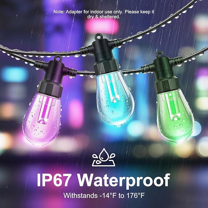 Outdoor String Lights 96ft(2×48ft), Patio Lights with 30 Dimmable LED Bulbs, RGBW & Warm White, IP66 Waterproof, Shatterproof, APP & Remote Control, Color Change, Customizable for Backyard