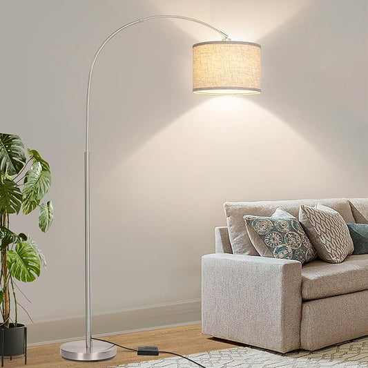 Floor Lamp for Living Room, Dimmable Arc Floor Lamp with Adjustable Head, Silver Finish Modern Pole Lamp, Over Couch Tall Standing Hanging Lights for Reading, Bedroom, Office, 9W 3000K Bulb Included