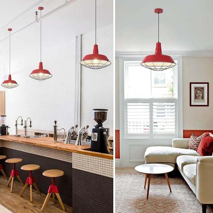 Red Large Pendant Lights Kitchen Island, 18.1 Inch Farmhouse Pendant Light, Industrial Pendant Light with Wire Cage, Kitchen Cage Light 2 Pack, Island Pendant Lights for Kitchen Dining Room