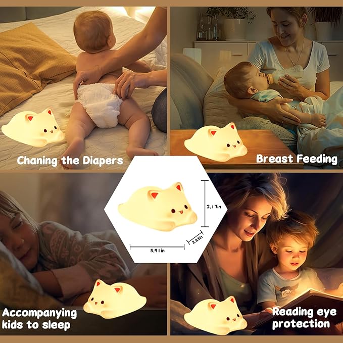 Tremdwoto Cat Night Light for Kids,Cute Colorful Night Light Baby Girl Squishy Night Lights Lamp 1/3 Hour Timer Kitty Light Dimmable Nursery Lamp Nightlight,Kids Room Decor，Gifts for Girls and Boys