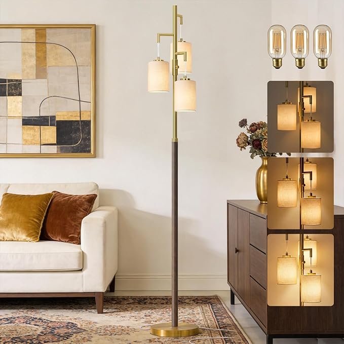 70" Dimmable Floor Lamp Wood Floor Lamps for Living Room Bedroom Mid Century Modern Floor Lamp Gold Standing Lamp Tall Lamps for Office Nursery Reading Elegant Stand Up Lamp, 3 Bulbs Included
