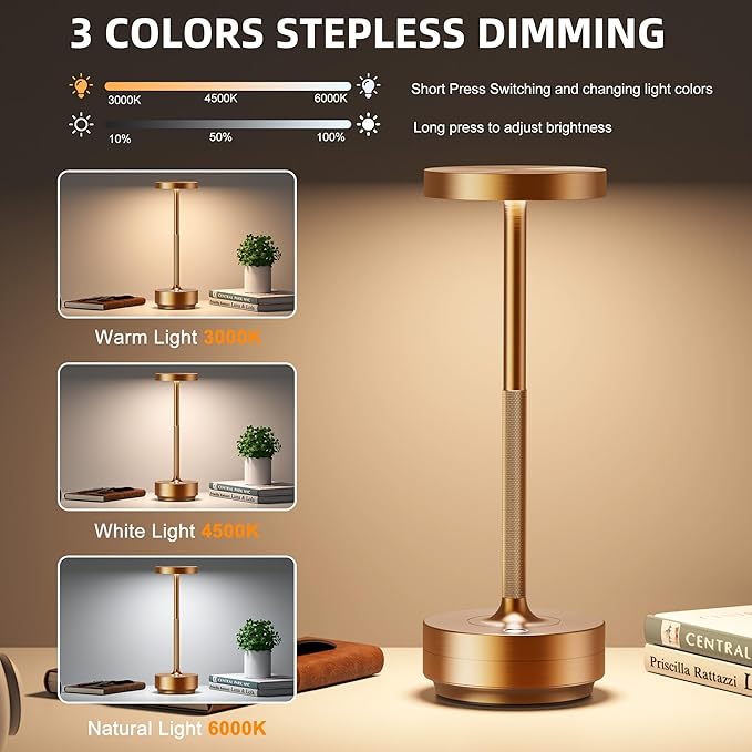 2-Pack Cordless Table Lamp Rechargeable, 5000mAh Battery Operated LED, Touch 3-Color Stepless Dimming, IP54 Waterproof Wireless Lamp for Bedroom Dining Restaurant Patio Outdoor – Titanium